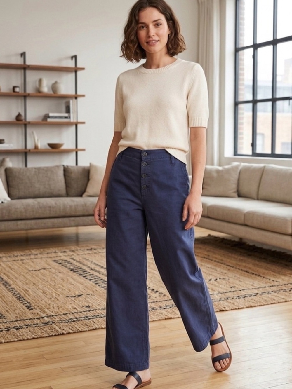 J Crew Navy Blue high waist wide leg Pants size 32 waist